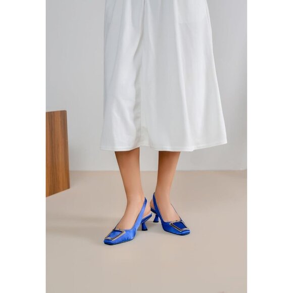 SICARE Slingback Kitten Heels Synthetic Black Closed Square Toe Low Heel Pumps - Picture 8 of 9